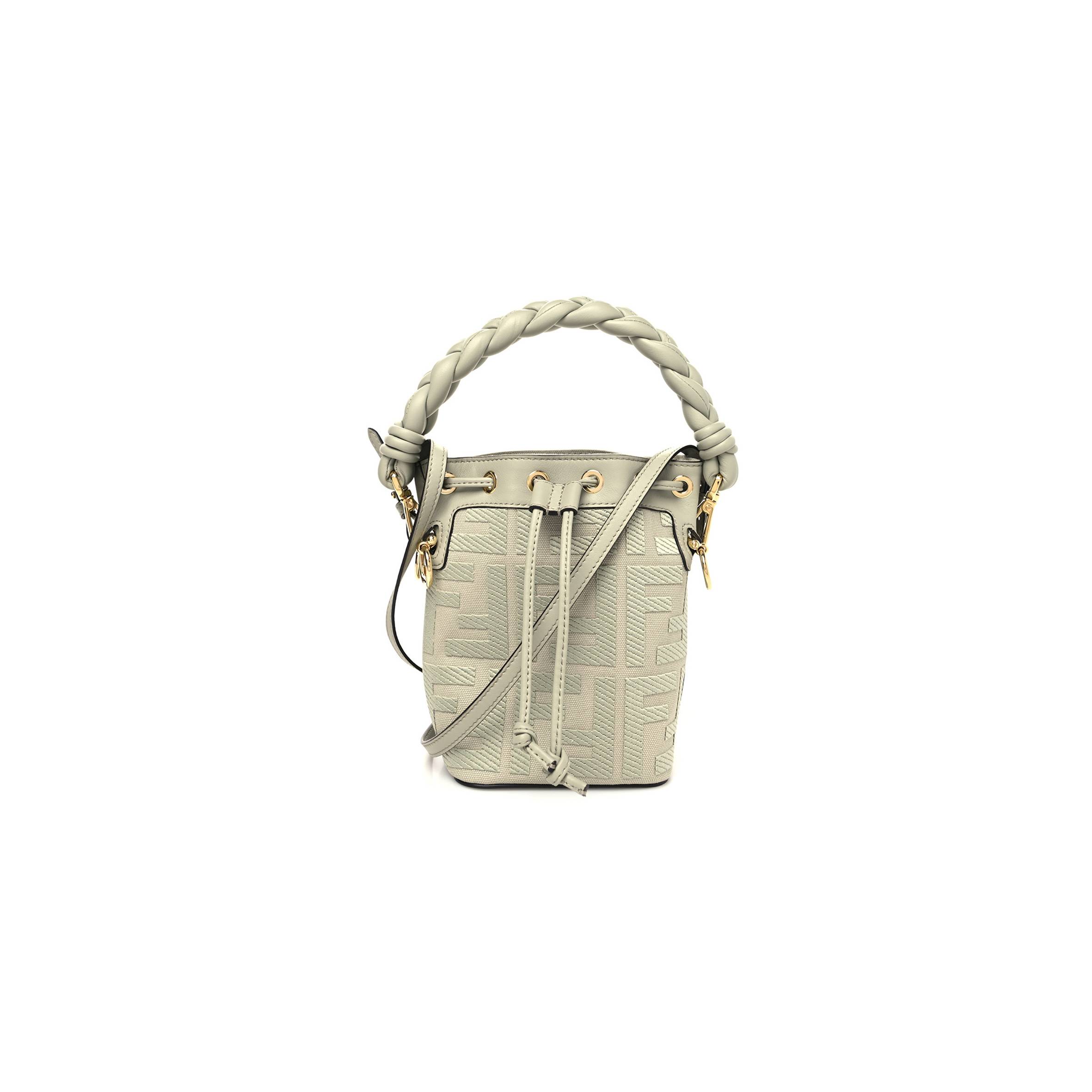 F**di CANVAS VITELLO GRACE F IS F**di FF EMBROIDERED MINI MON TRESOR BUCKET BAG LIGHT GREEN (18*12*10cm) Master Quality