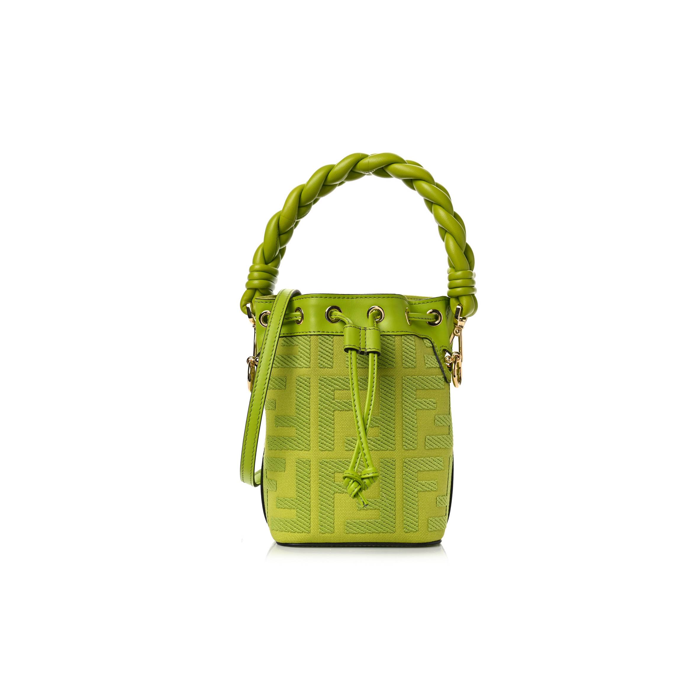 F**di CANVAS VITELLO GRACE F IS F**di FF EMBROIDERED MINI MON TRESOR BUCKET BAG WASABI (18*12*10cm) Master Quality