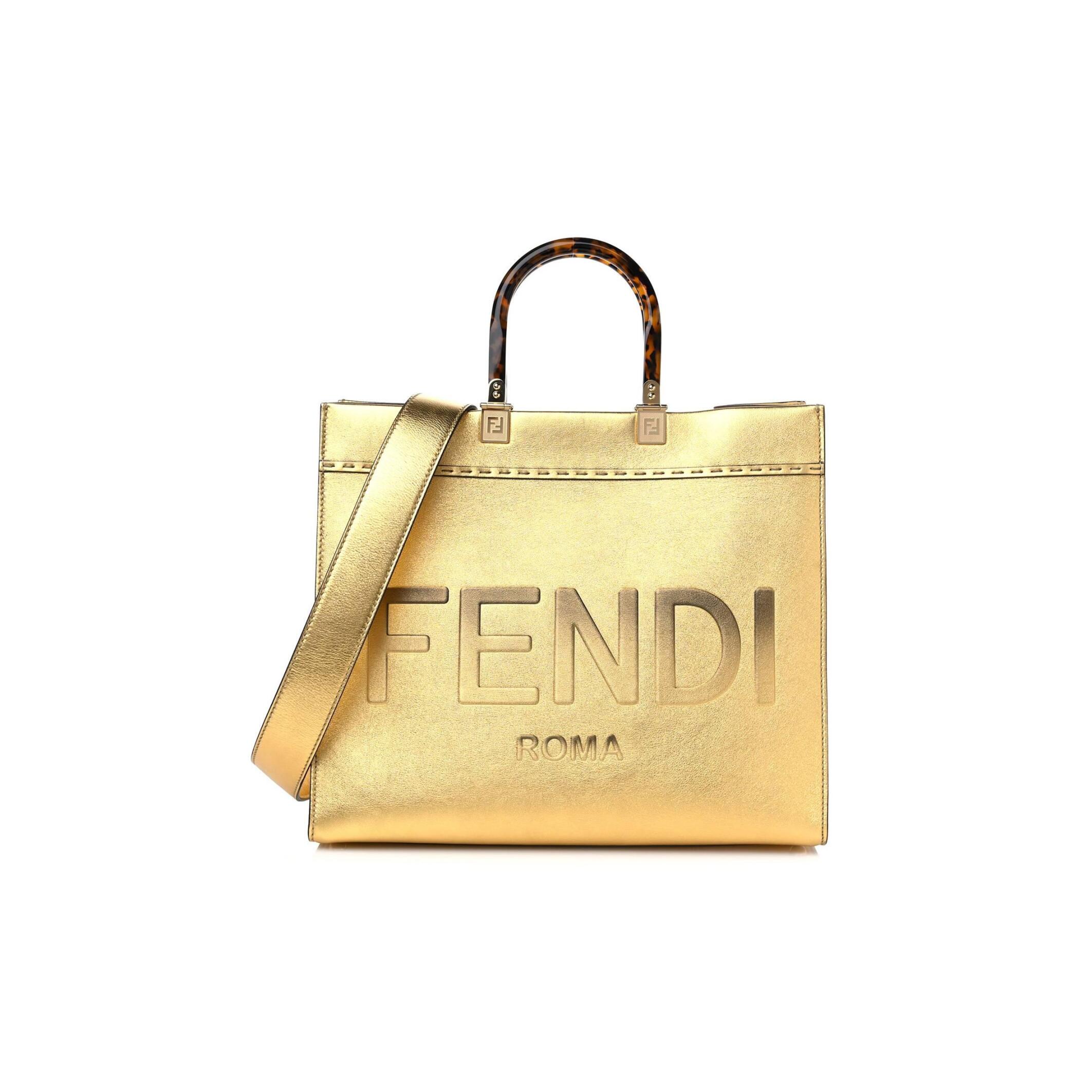 F**di VITELLO CATALAN MIRROR PLEXIGLASS LOGO EMBOSSED MEDIUM F**di SUNSHINE SHOPPER TOTE GOLD (36*30*14cm) Master Quality