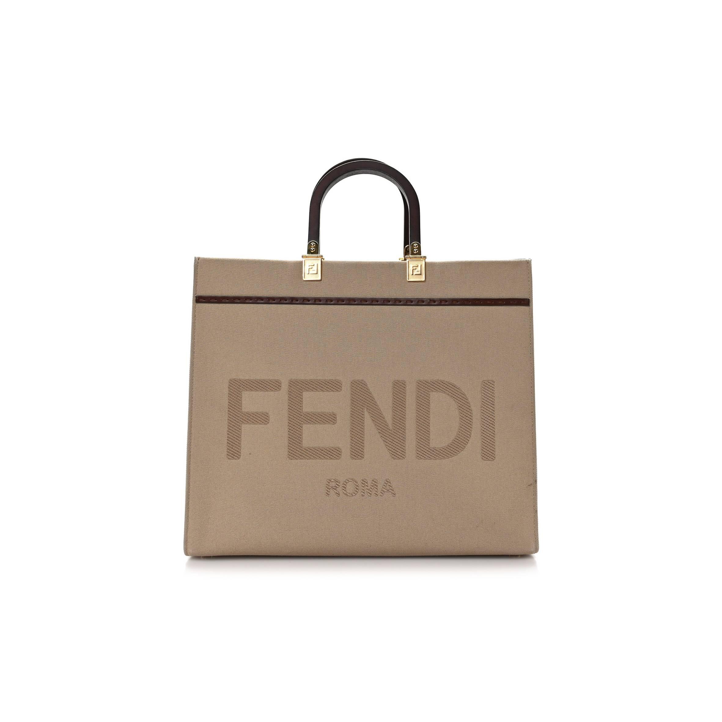 F**di CANVAS VITELLO KING LOGO EMBROIDERED MEDIUM F**di SUNSHINE SHOPPER TOTE SAND GHIANDA (35*30*15cm) Master Quality