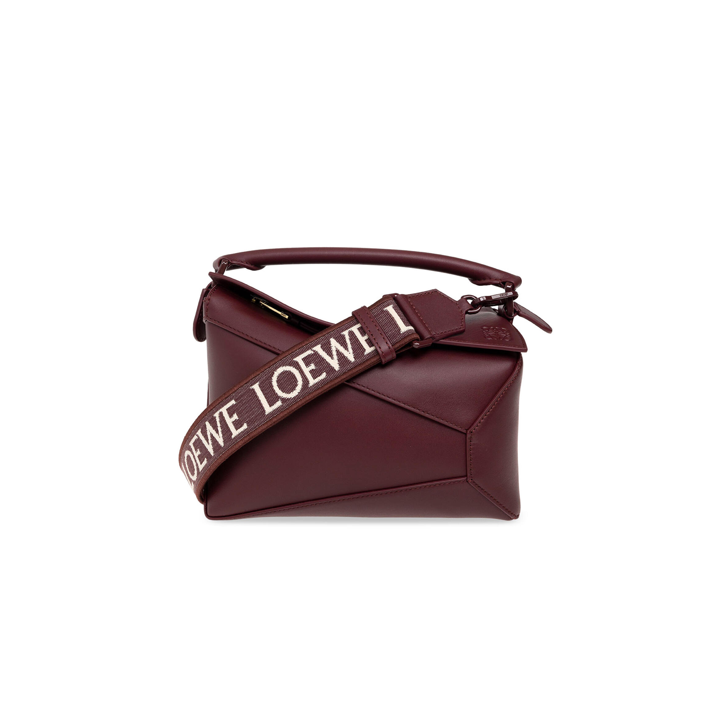 L0ew* SATIN BURGUNDY MONOCHROME SMALL PUZZLE EDGE BAG (25*18*10cm) Master Quality