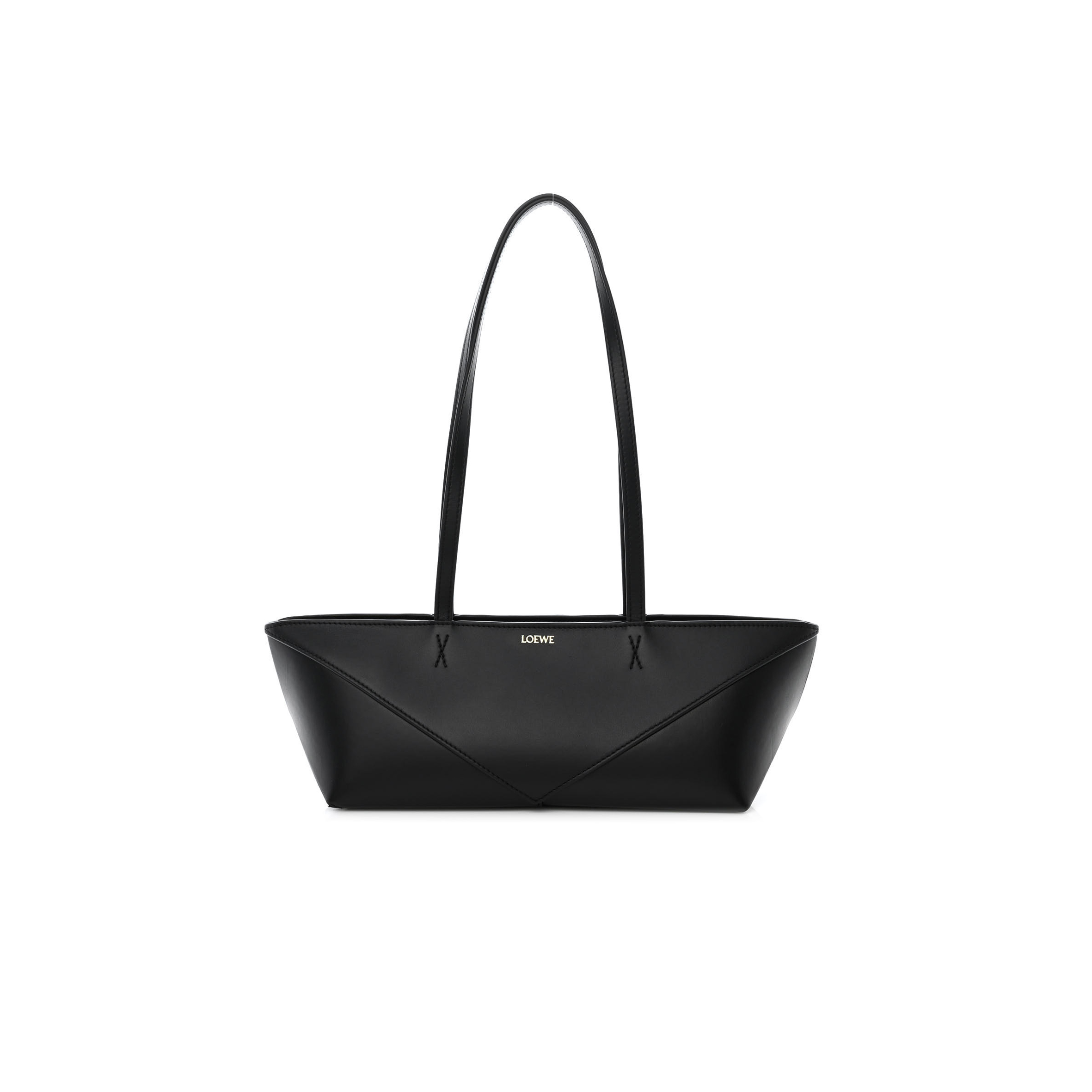 L0ew* SHINY CALFSKIN MINI CROPPED PUZZLE FOLD TOTE BLACK (28*13*13cm) Master Quality