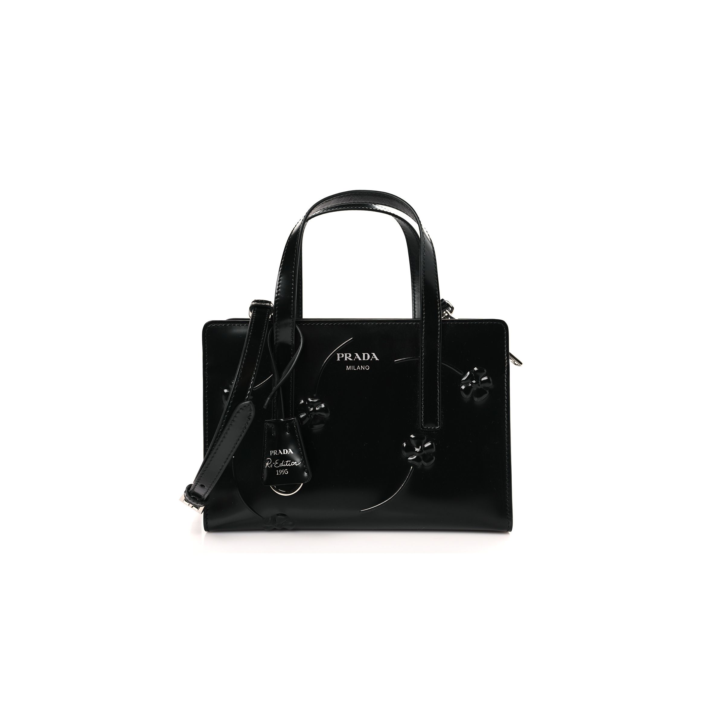 Pra*a BRUSHED CALFSKIN FLORAL MINI RE-EDITION 1995 TOTE BLACK (22*15*7cm) Master Quality