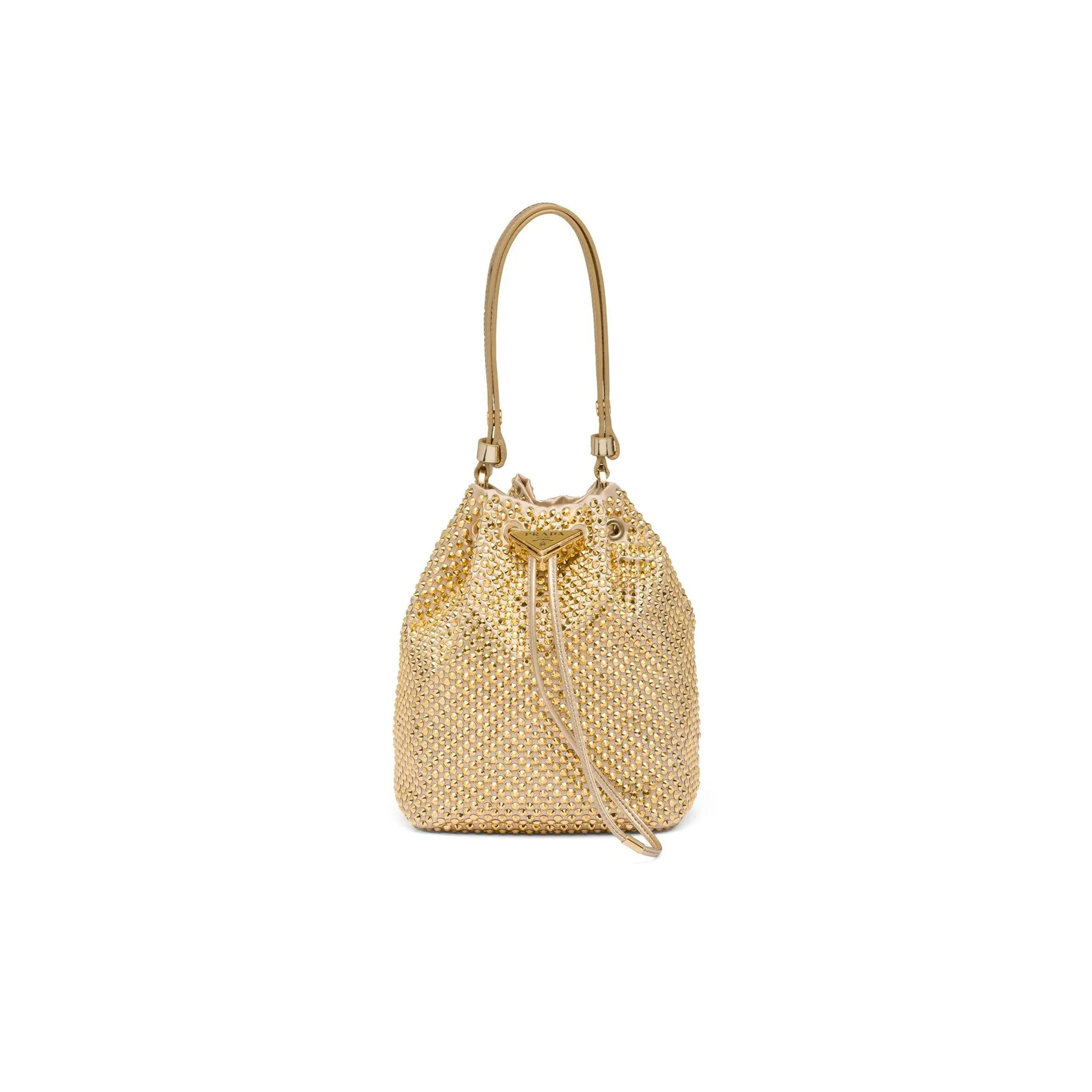 Pra*a MINI CRYSTAL-EMBELLISHED SATIN BUCKET BAG IN GOLD 1BE067 (19.5*15.5*10cm) Master Quality