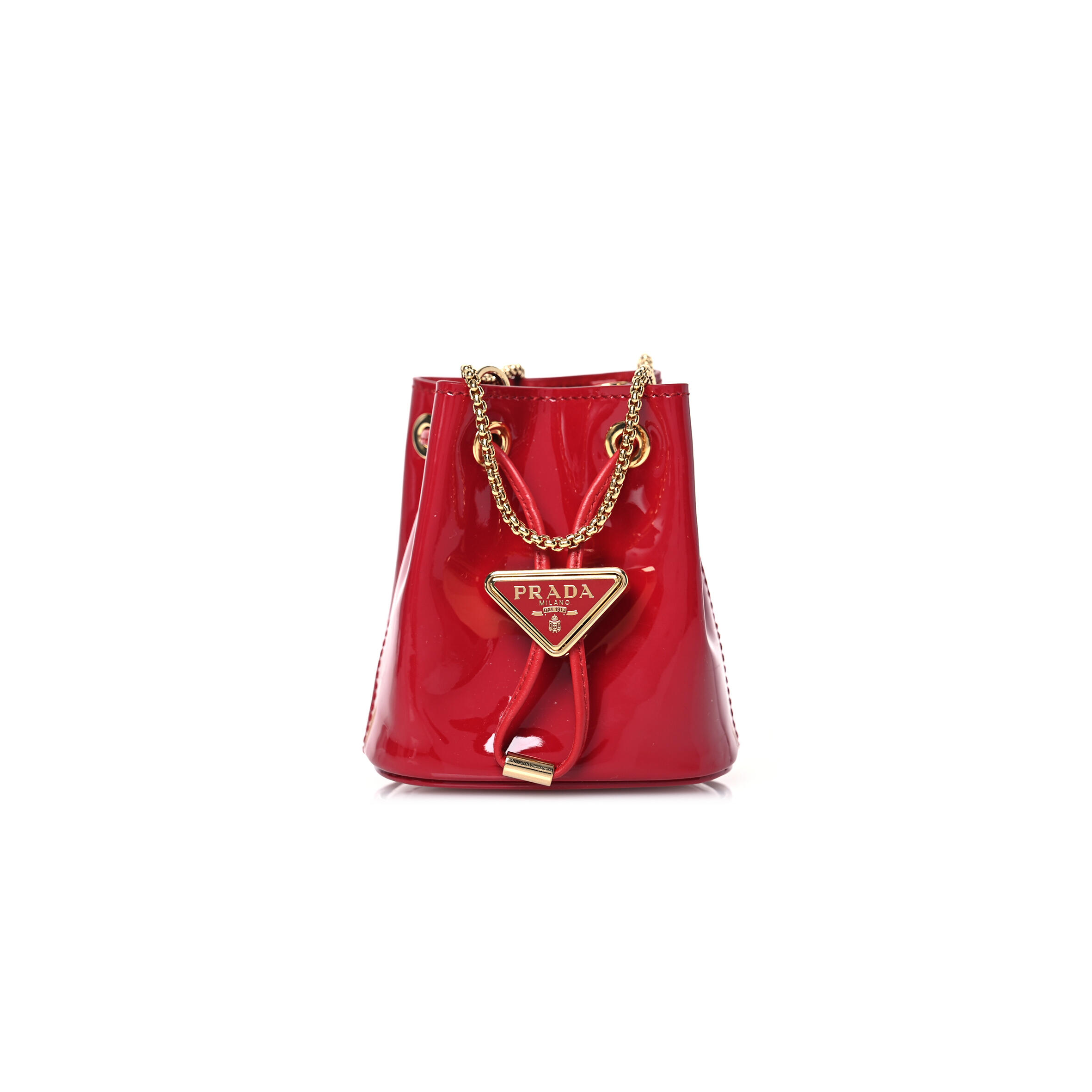 Pra*a VERNICE METAL TRIANGLE LOGO MINI DRAWCORD POUCH SHOULDER BAG CHERRY 1NR016 (9.5*9*6cm) Master Quality