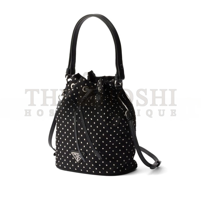 Pra*a BLACK RE-NYLON MINI-BAG WITH STUDS 1NE067 (19.5*15.5*10cm) Master Quality
