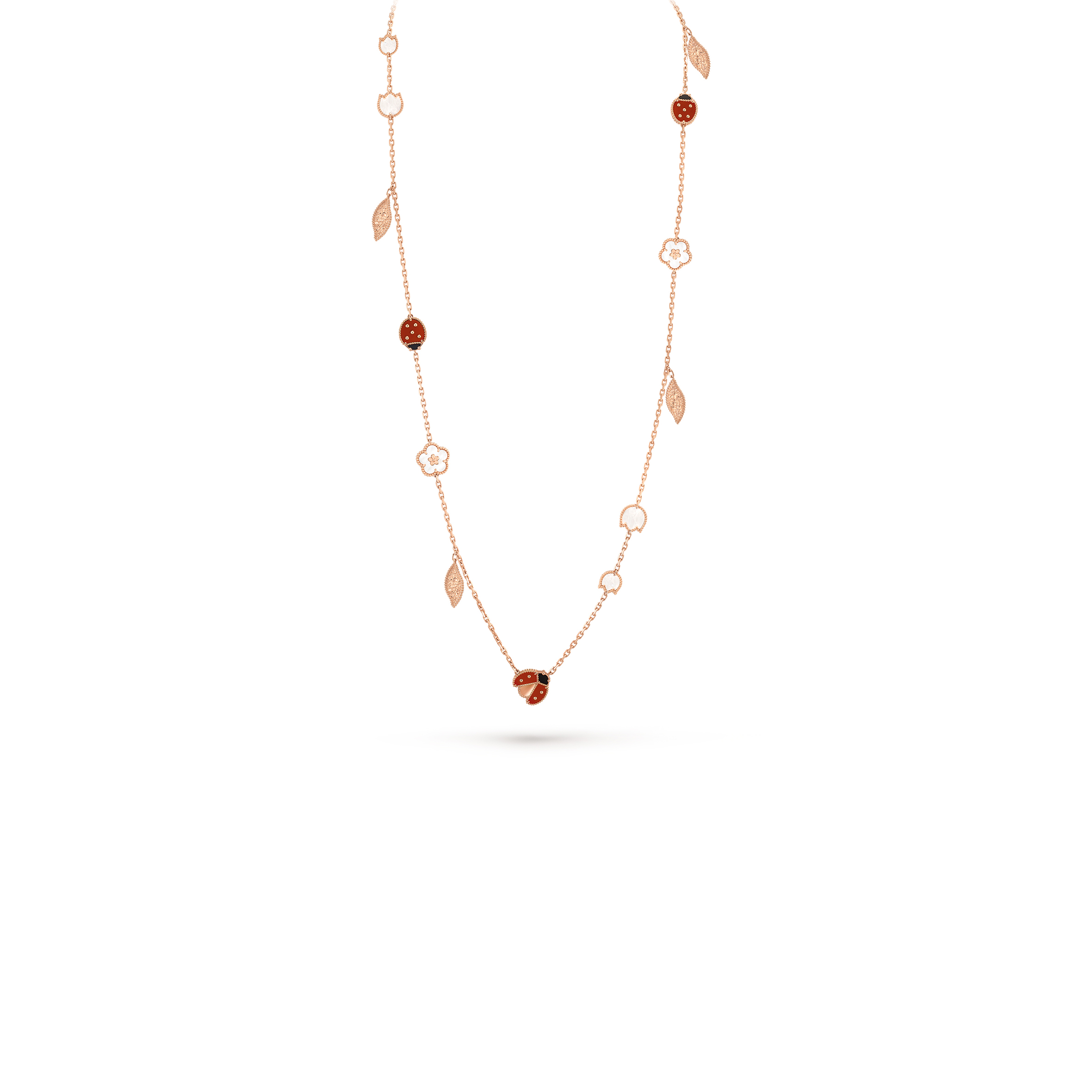 V*n Cl**f ARPELS LUCKY SPRING LONG NECKLACE, 15 MOTIFS - ROSE GOLD, CARNELIAN, MOTHER-OF-PEARL, ONYX  VCARP7RT00 Master Quality
