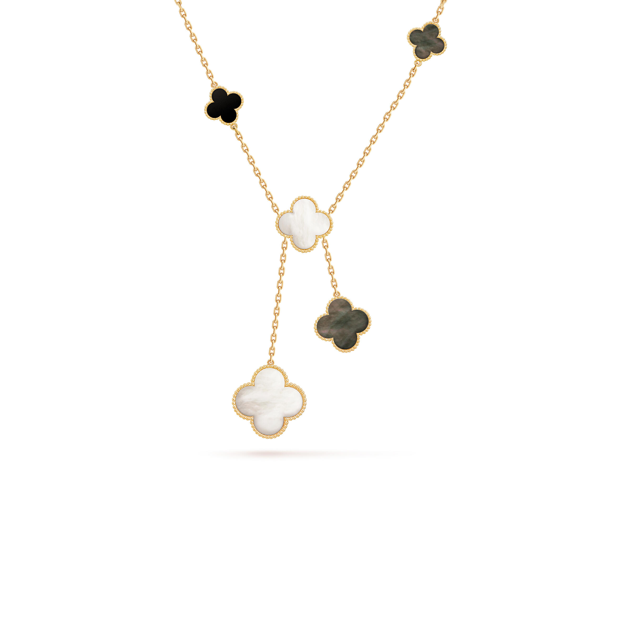 V*n Cl**f ARPELS MAGIC ALHAMBRA NECKLACE, 6 MOTIFS - YELLOW GOLD, MOTHER-OF-PEARL, ONYX  VCARD79200 Master Quality