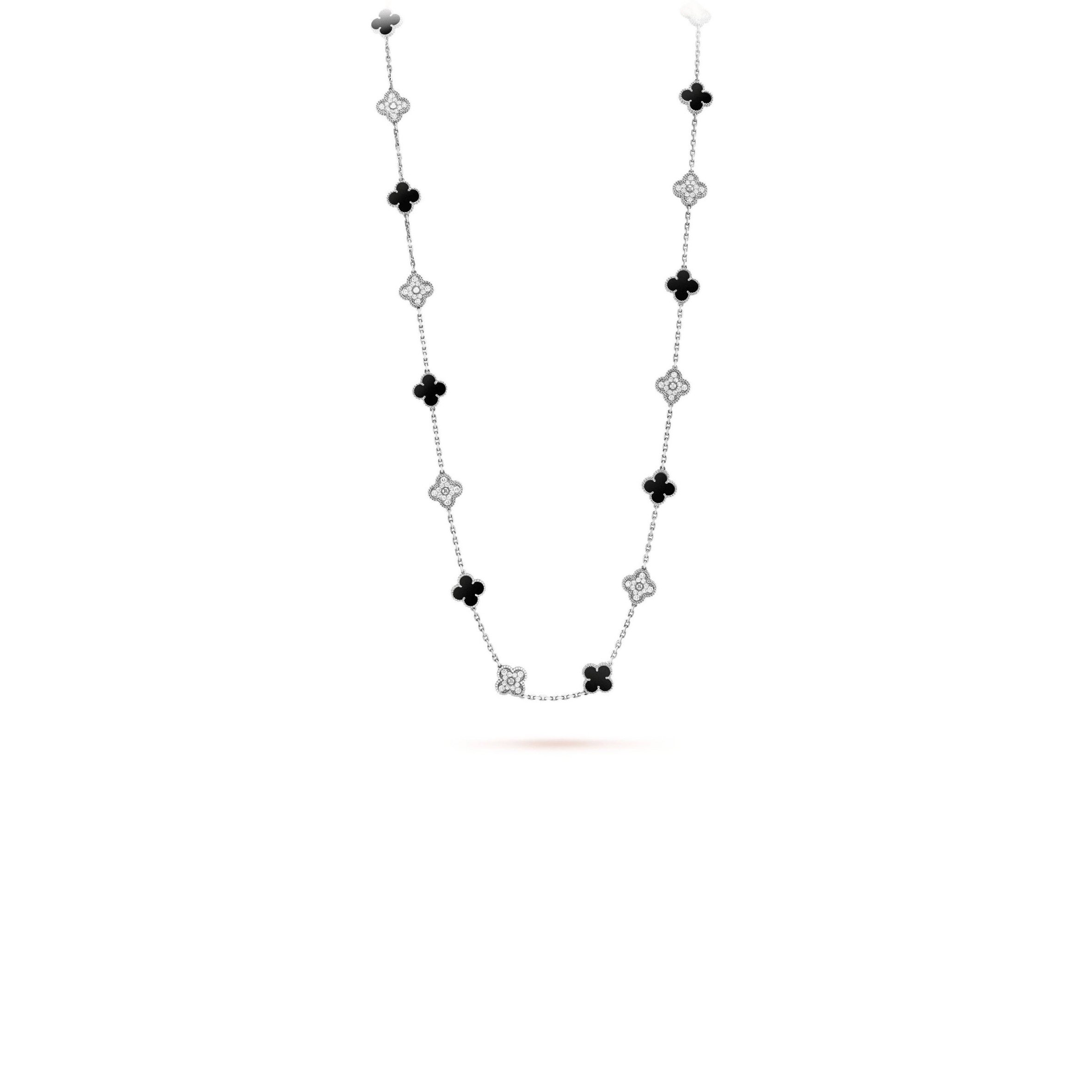 V*n Cl**f ARPELS VINTAGE ALHAMBRA LONG NECKLACE, 20 MOTIFS - WHITE GOLD, D1am0nd, ONYX  VCARP2R800 Master Quality