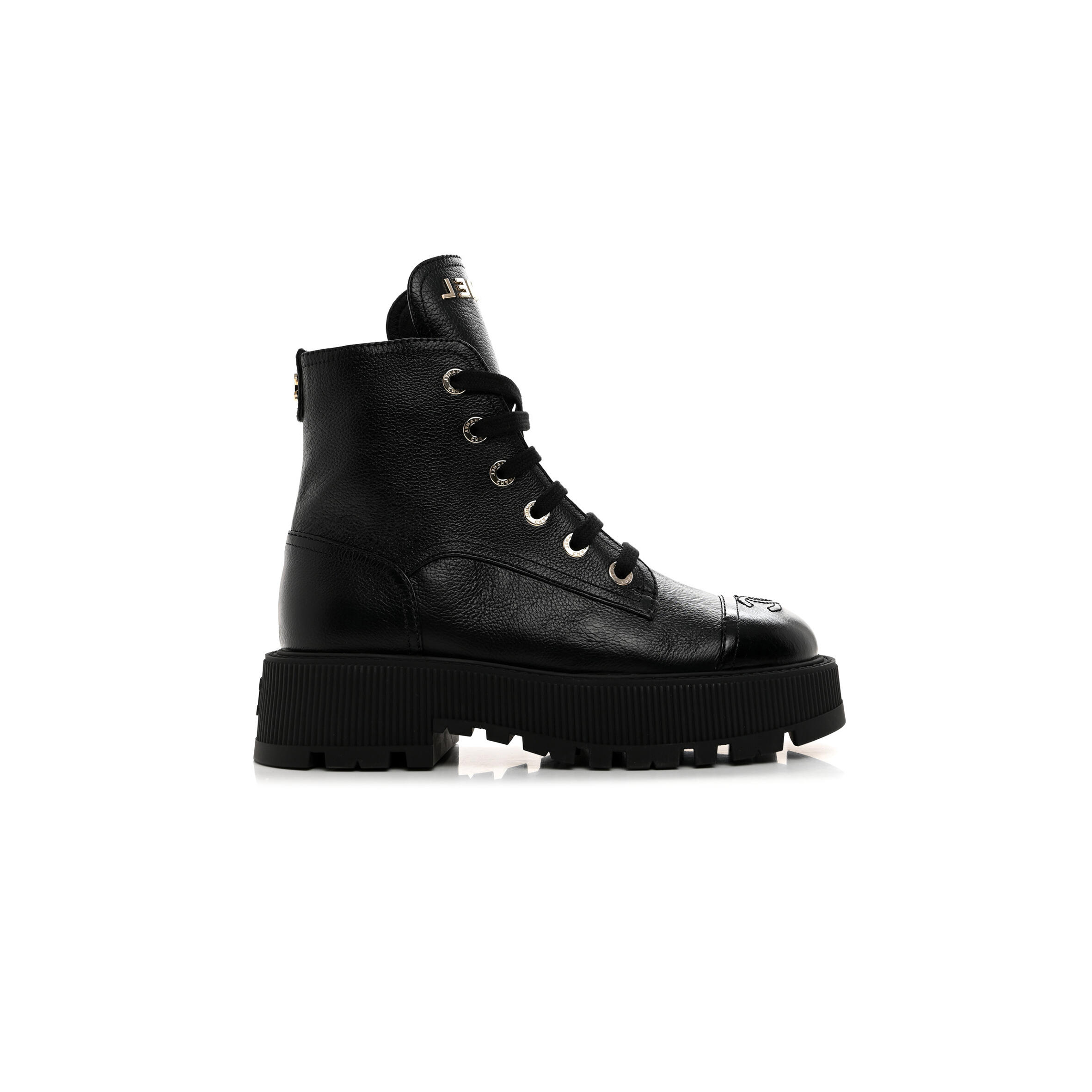 Ch**el GRAINED CALFSKIN SHINY CALFSKIN CC LACE UP COMBAT BOOTS 1437689 Master Quality