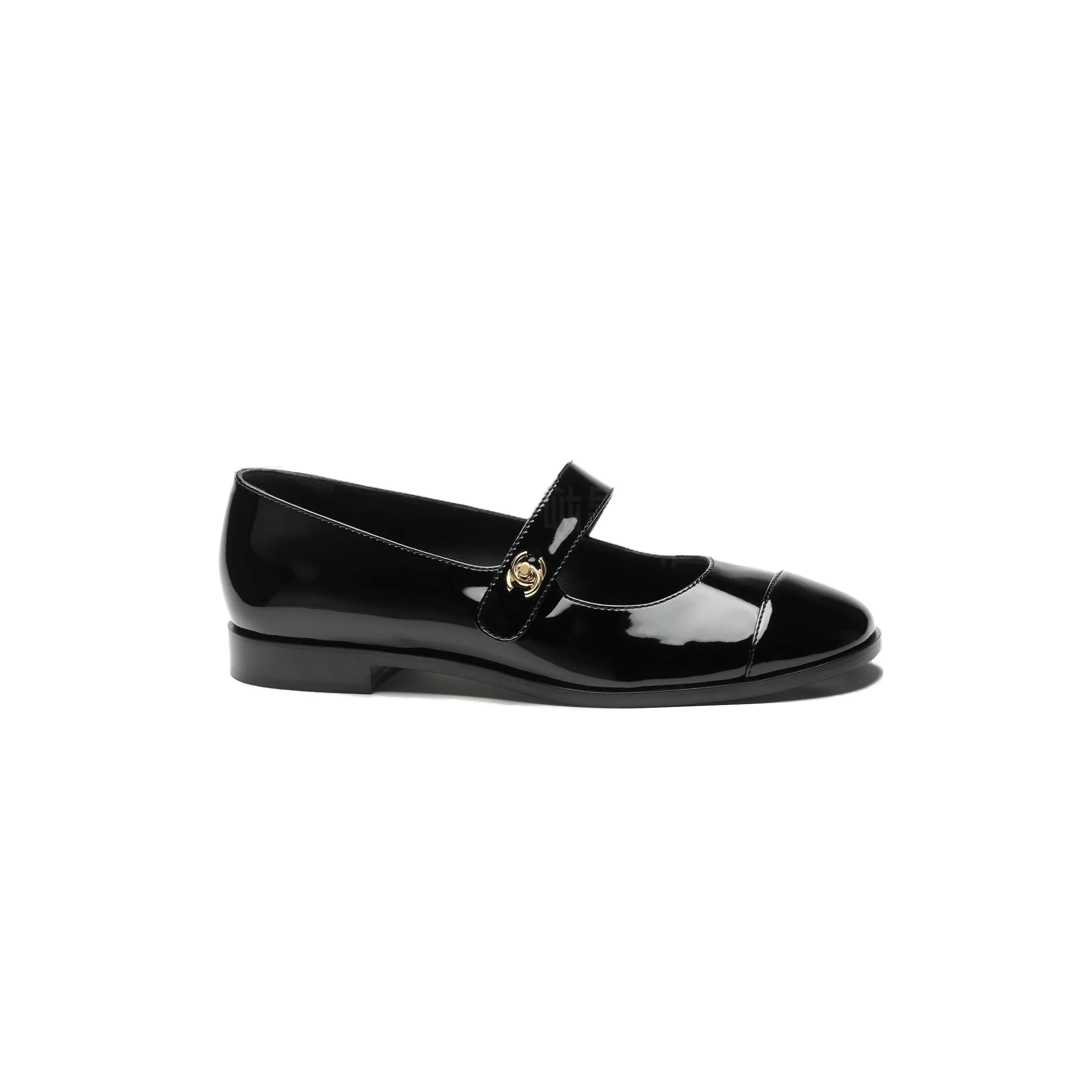 Ch**el PATENT CALFSKIN MARY JANES FLATS BLACK G45280 Master Quality