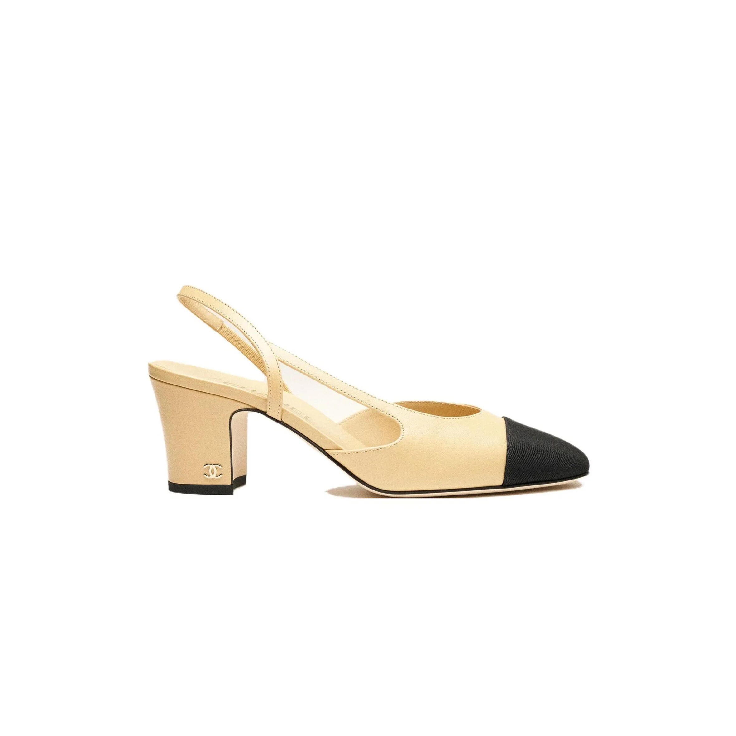 Ch**el SLINGBACKS GOATSKIN &amp; GROSGRAIN BEIGE &amp; BLACK G31318 Y50006 C8378 Master Quality