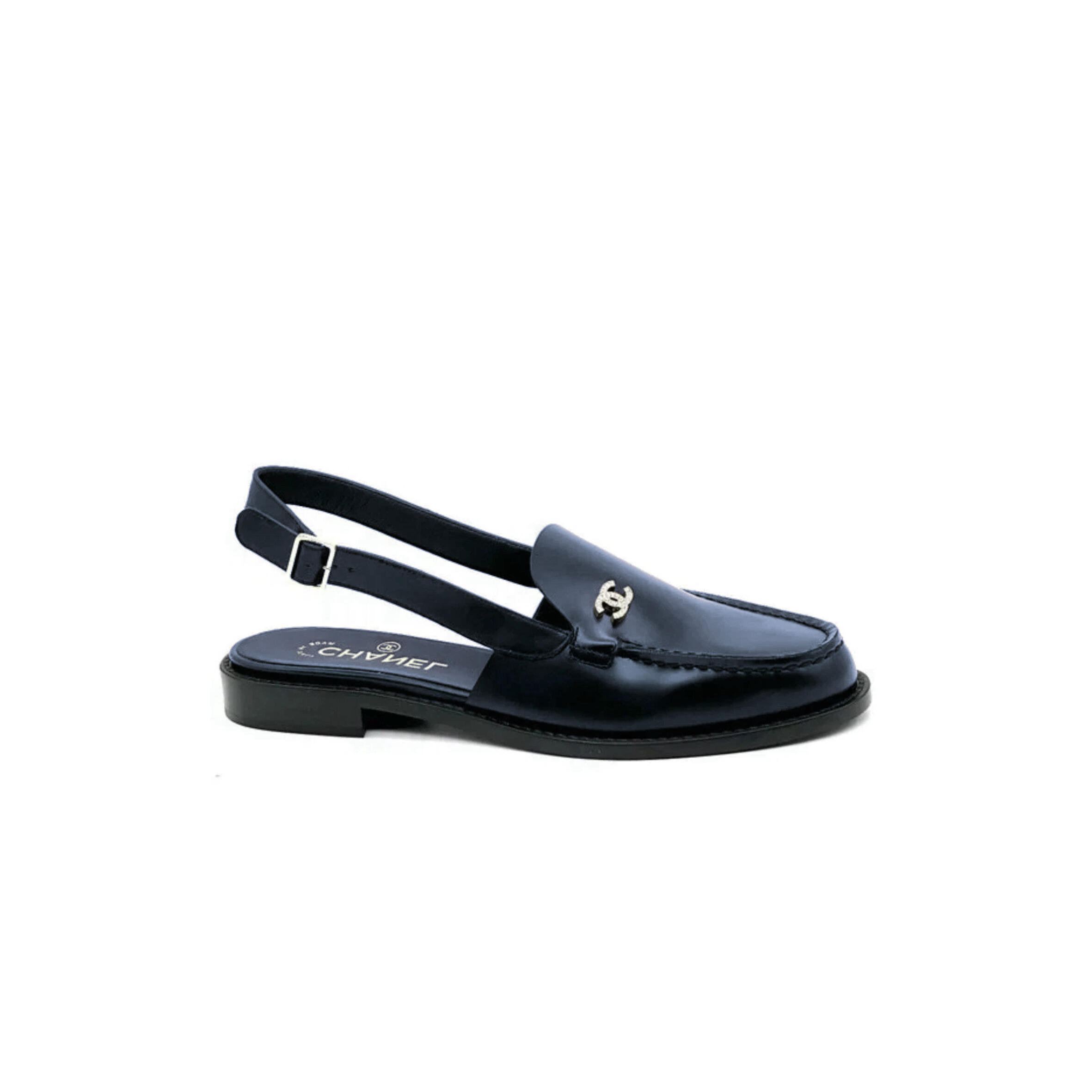 Ch**el 25P CRYSTAL CC LOGO LEATHER SLINGBACK FLAT LOAFERS SANDALS 285540 Master Quality