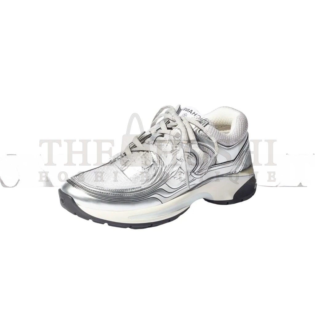 Ch**el  FABRIC LAMINATED CALFSKIN STRETCH CC SNEAKERS WHITE SILVER G39792 Master Quality