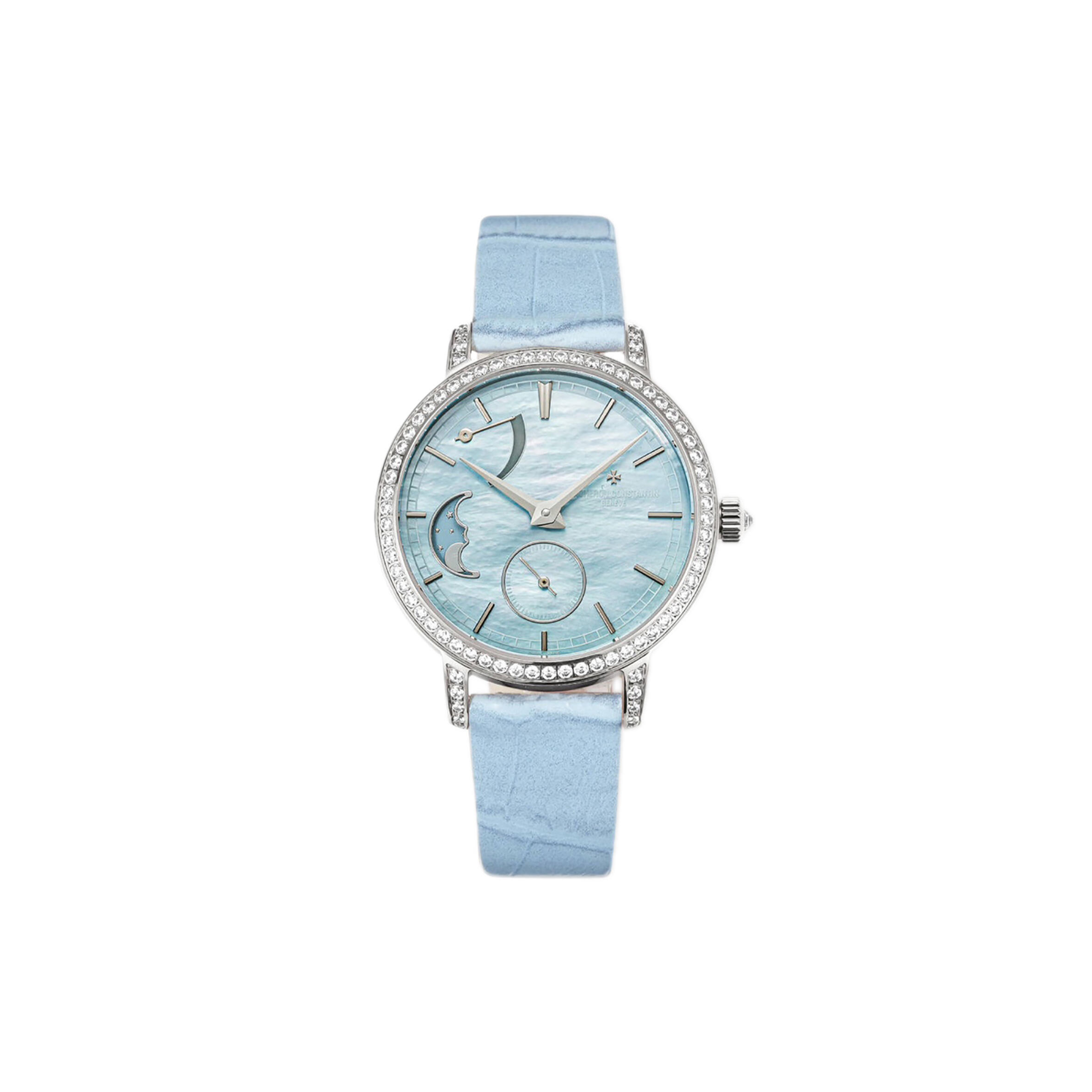 VACHERON C0nstan1n TRADITIONELLE MOON PHASE BLUE MOP DIAL WITH D1am0nd BEZEL IN WHITE GOLD ON BLUE LEATHER STRAP 36MM WATCH 83570/000G-9916 Master Quality